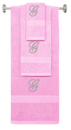 Pink monogrammed towel set with Silver thread, Diana Script font, initial G - 540 GSM cotton 3-piece