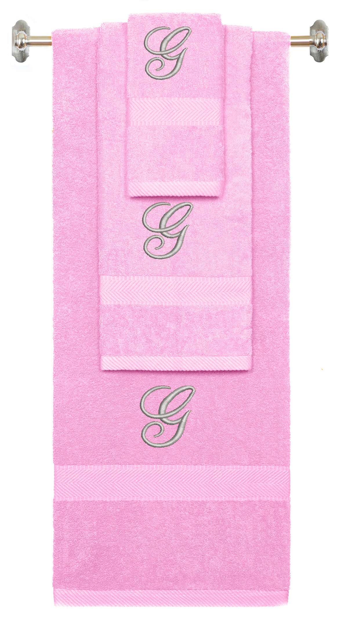 Pink monogrammed towel set with Silver thread, Diana Script font, initial G - 540 GSM cotton 3-piece