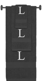Charcoal monogrammed towel set with Silver thread, Times New Roman font, initial L - 540 GSM cotton 3-piece