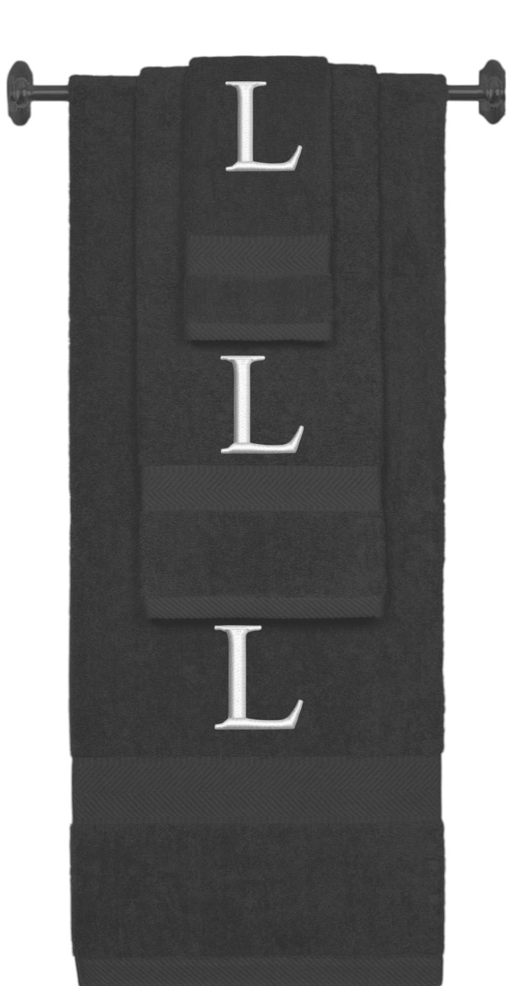 Charcoal monogrammed towel set with Silver thread, Times New Roman font, initial L - 540 GSM cotton 3-piece