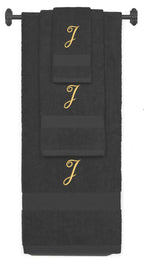 Charcoal monogrammed towel set with Gold thread, Diana Script font, initial J - 540 GSM cotton 3-piece