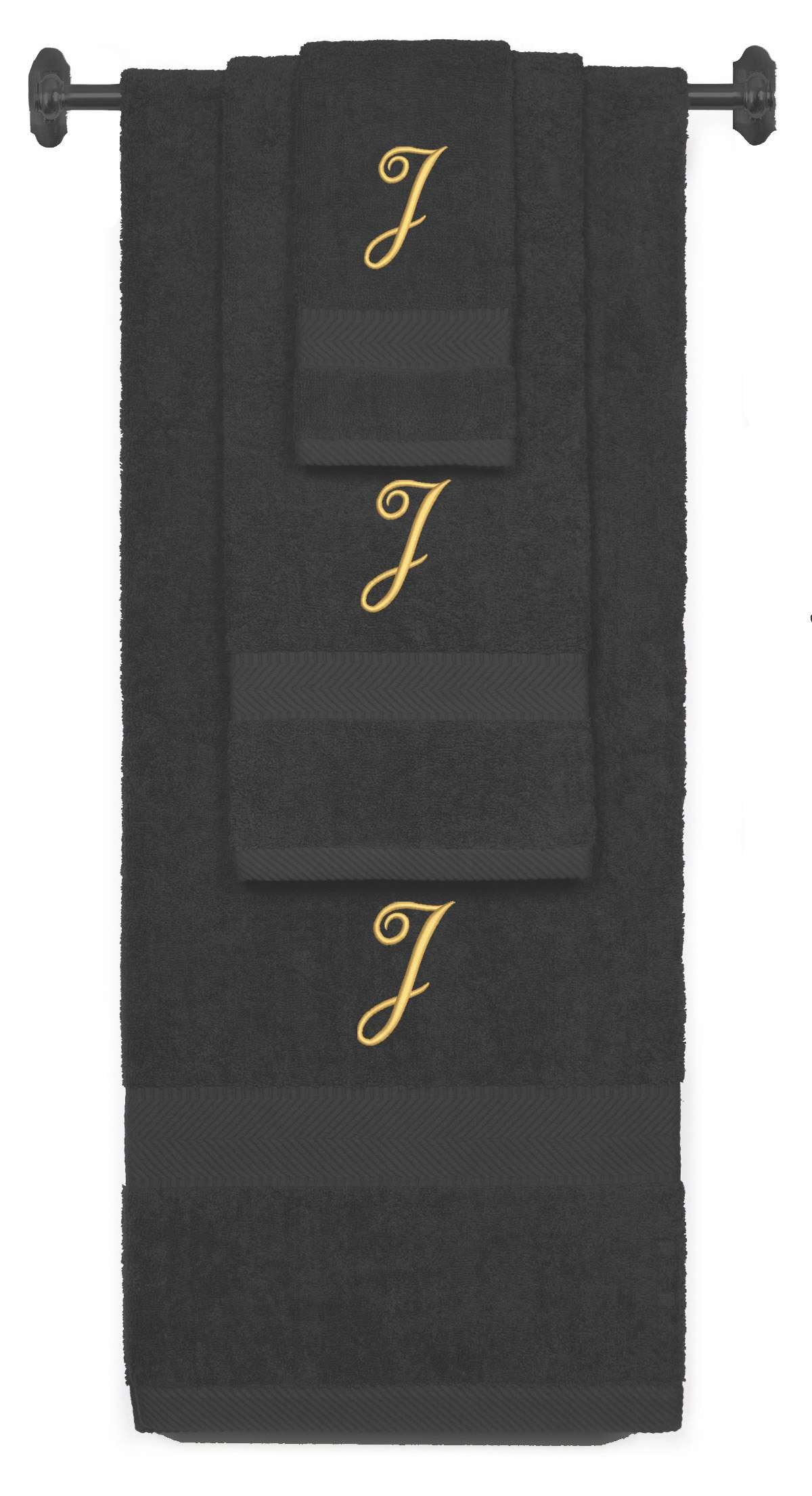 Charcoal monogrammed towel set with Gold thread, Diana Script font, initial J - 540 GSM cotton 3-piece