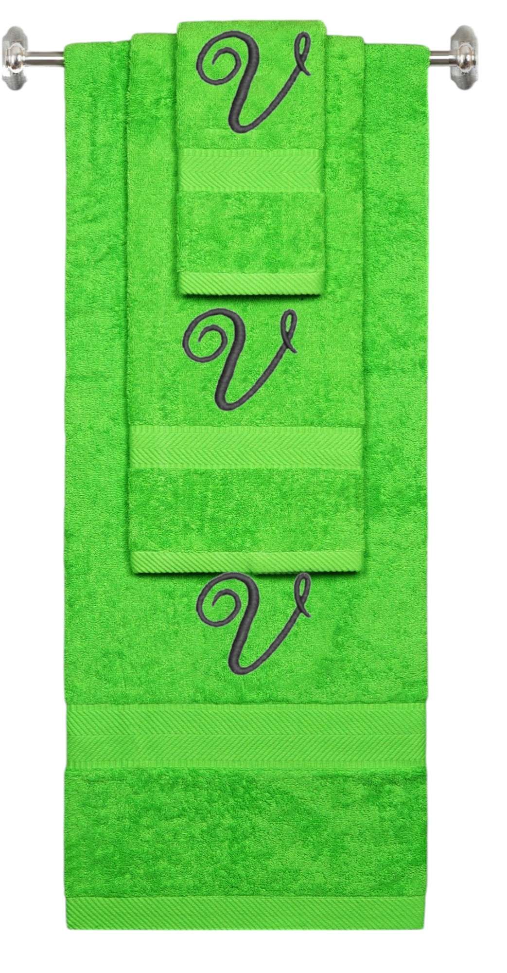 Lime monogrammed towel set with Black thread, Diana Script font, initial V - 540 GSM cotton 3-piece