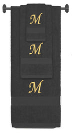 Charcoal monogrammed towel set with Gold thread, Chancery font, initial M - 540 GSM cotton 3-piece
