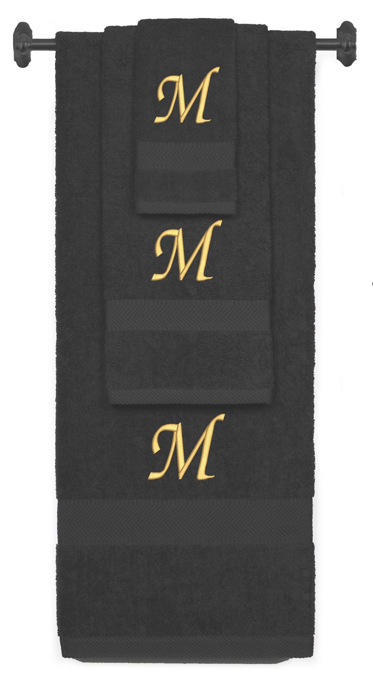 Charcoal monogrammed towel set with Gold thread, Chancery font, initial M - 540 GSM cotton 3-piece