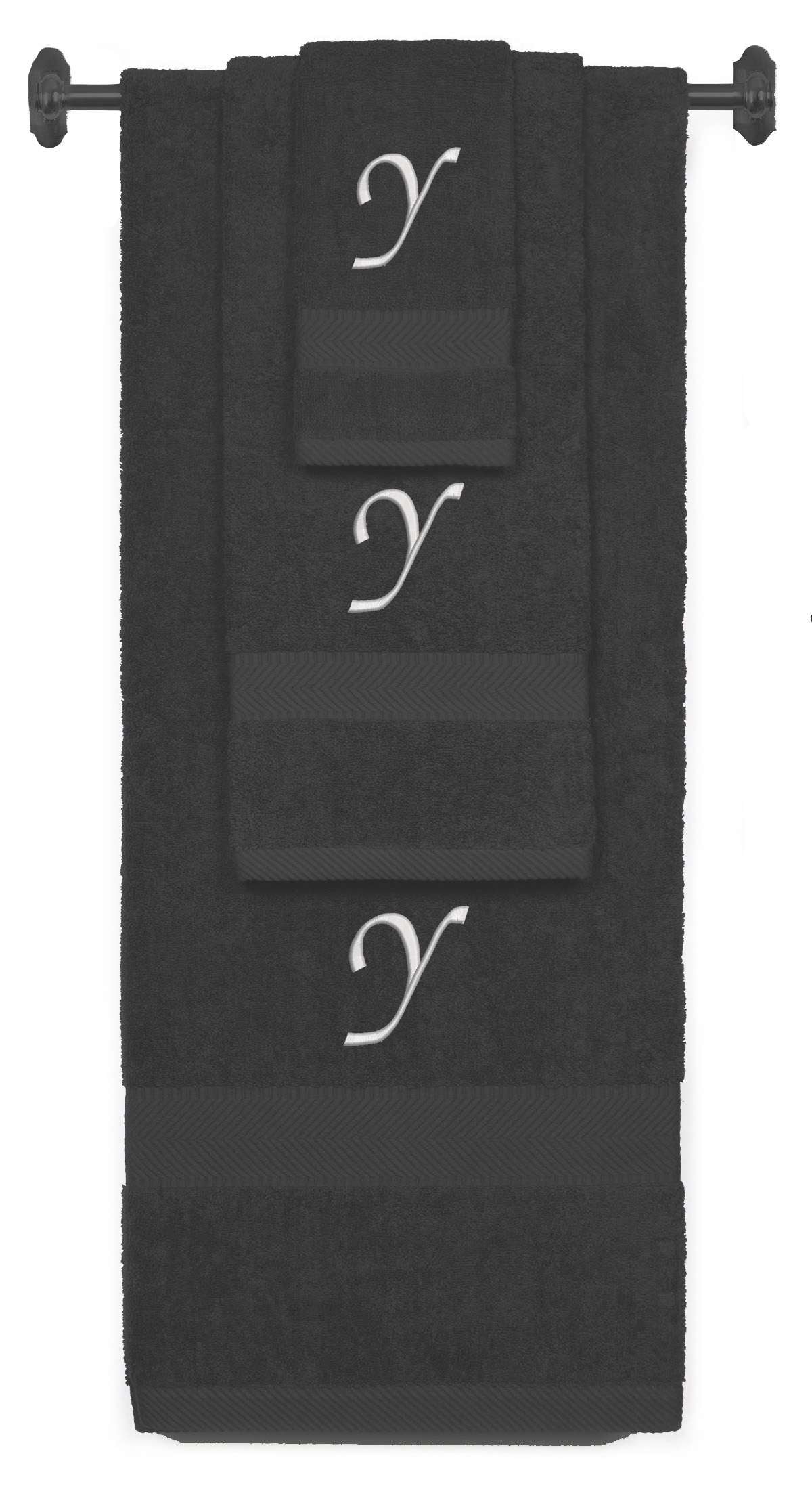 Charcoal monogrammed towel set with Silver thread, Chancery font, initial Y - 540 GSM cotton 3-piece