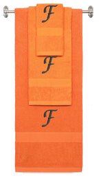 Orange monogrammed towel set with Black thread, Chancery font, initial F - 540 GSM cotton 3-piece