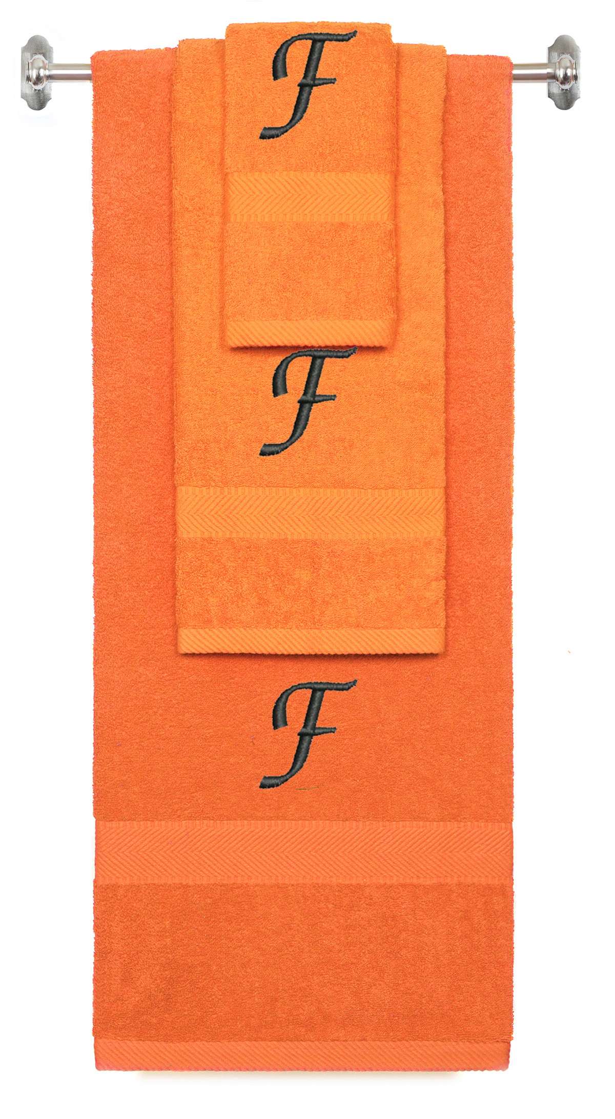 Orange monogrammed towel set with Black thread, Chancery font, initial F - 540 GSM cotton 3-piece