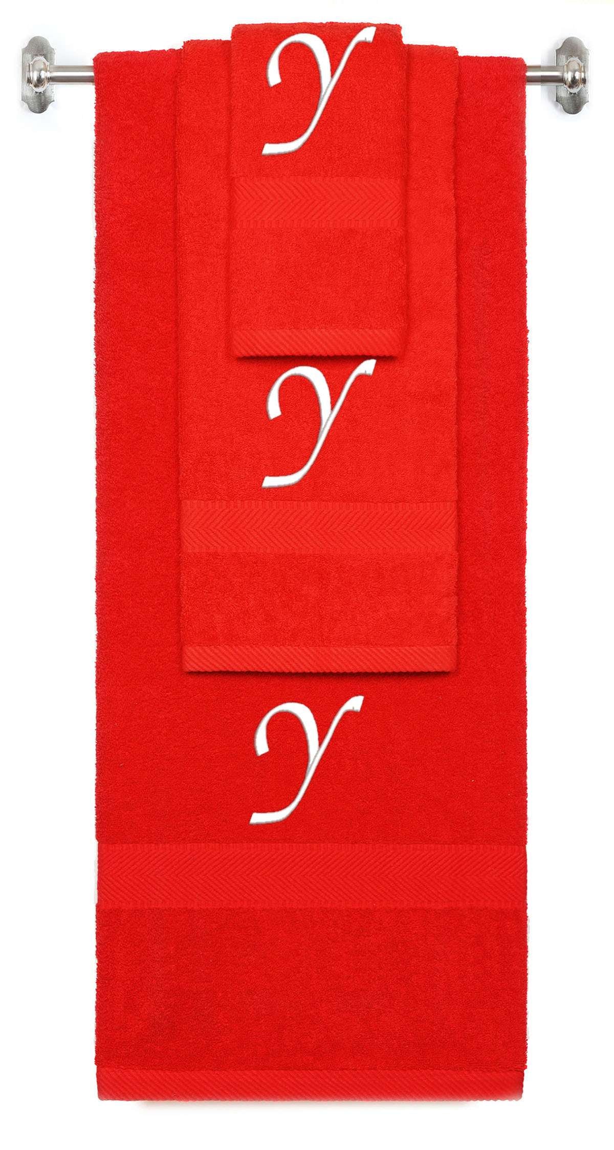Red monogrammed towel set with White thread, Chancery font, initial Y - 540 GSM cotton 3-piece