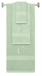 Mint Green monogrammed towel set with White thread, Chancery font, initial C - 540 GSM cotton 3-piece