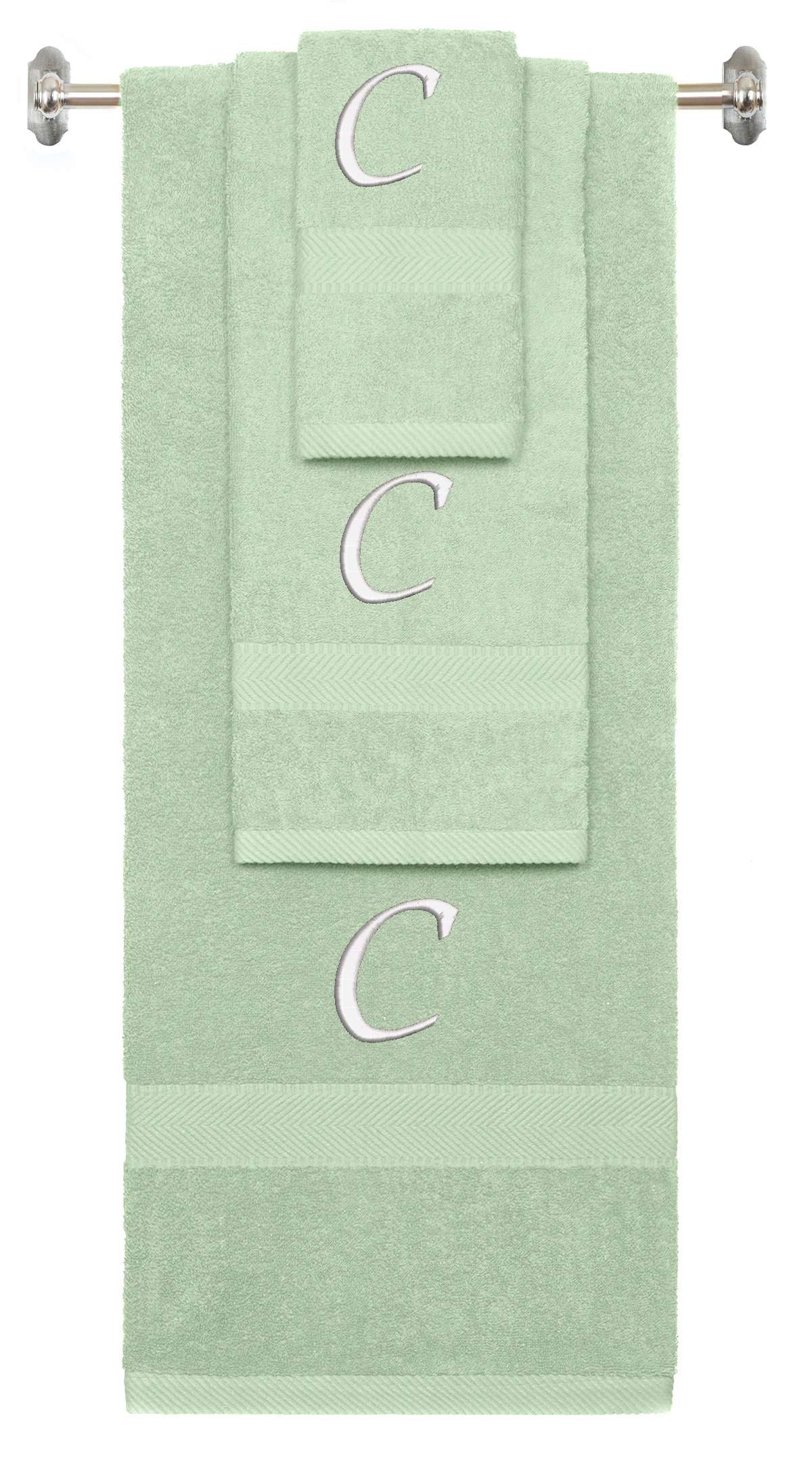 Mint Green monogrammed towel set with White thread, Chancery font, initial C - 540 GSM cotton 3-piece