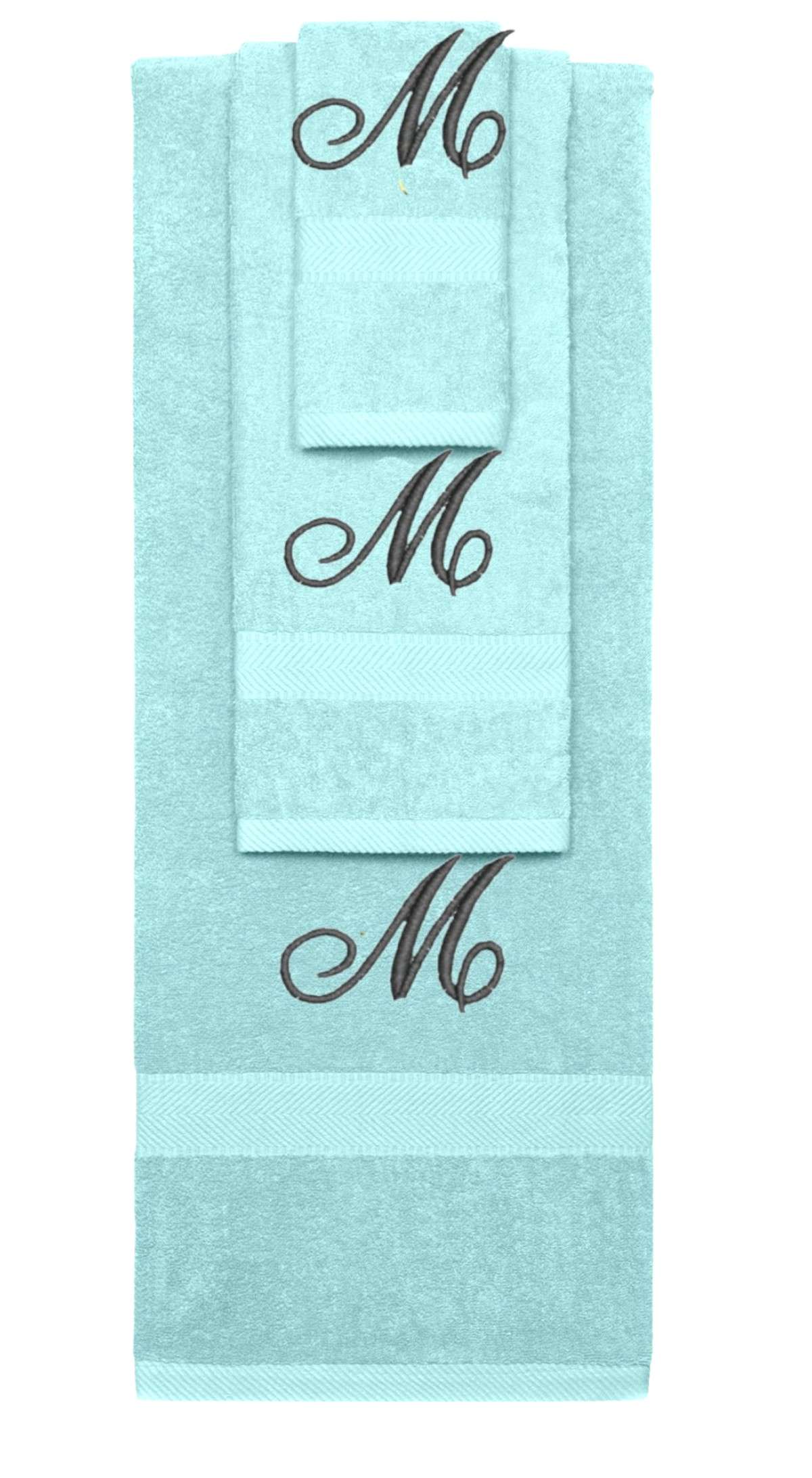 Nautical Teal monogrammed towel set with Black thread, Diana Script font, initial M - 540 GSM cotton 3-piece