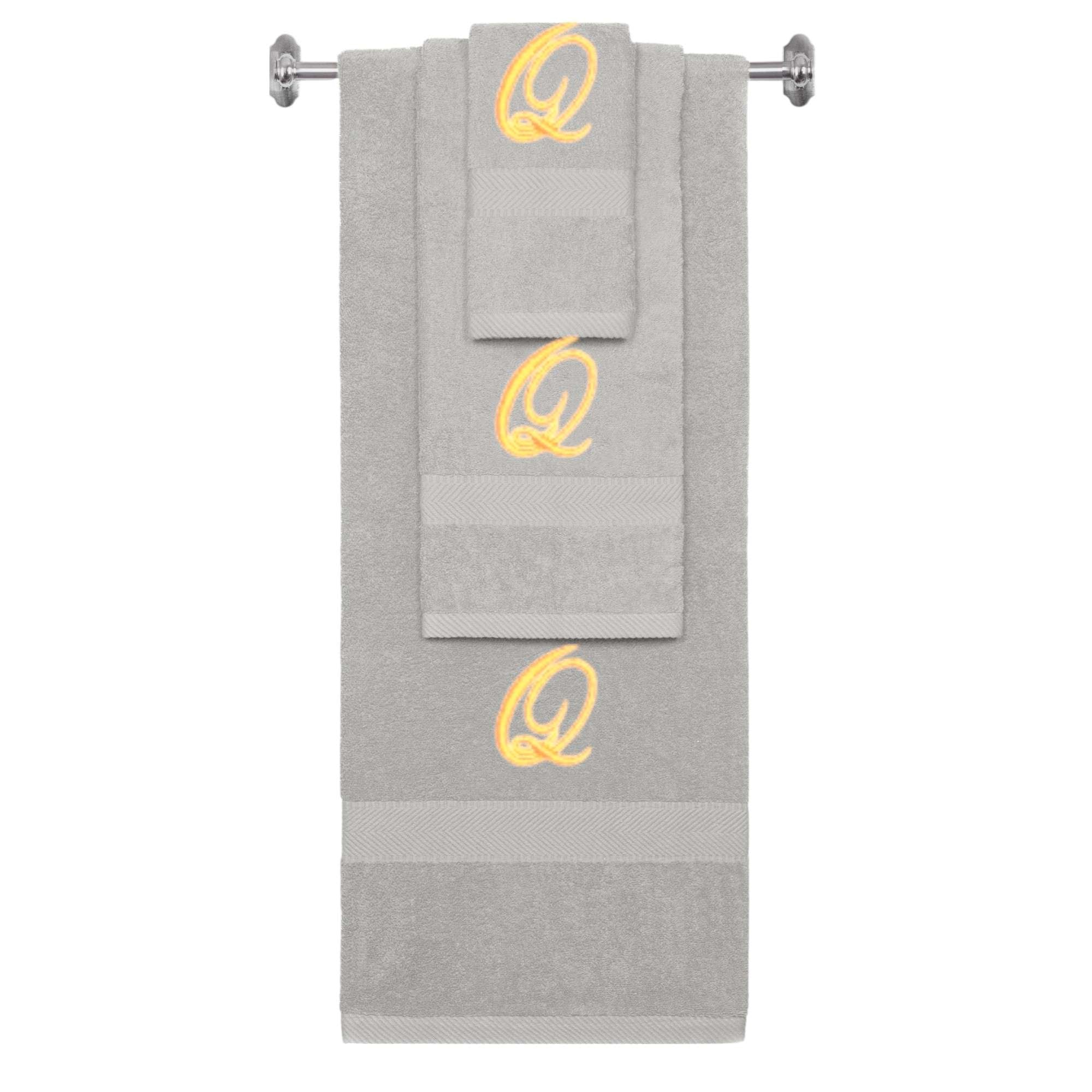 Silver monogrammed towel set with Gold thread, Diana Script font, initial Q - 540 GSM cotton 3-piece