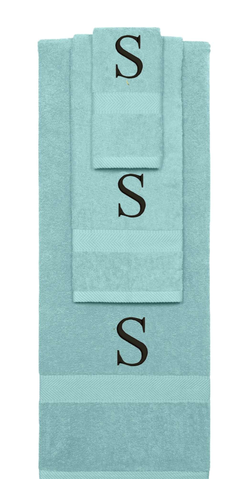 Nautical Teal monogrammed towel set with Black thread, Times New Roman font, initial V - 540 GSM cotton 3-piece