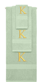 Mint Green monogrammed towel set with Gold thread, Times New Roman font, initial K - 540 GSM cotton 3-piece