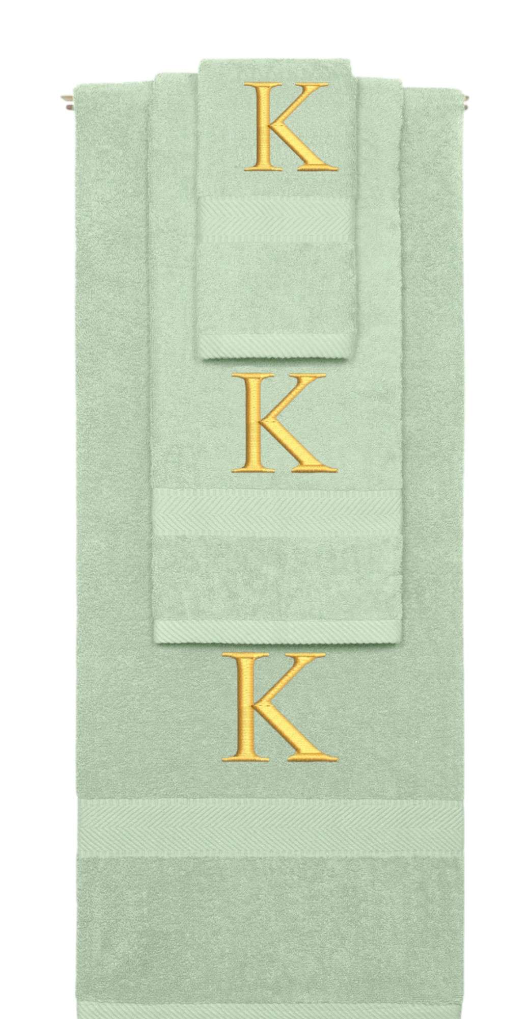 Mint Green monogrammed towel set with Gold thread, Times New Roman font, initial K - 540 GSM cotton 3-piece