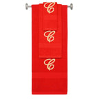 Red monogrammed towel set with Gold thread, Diana Script font, initial C - 540 GSM cotton 3-piece