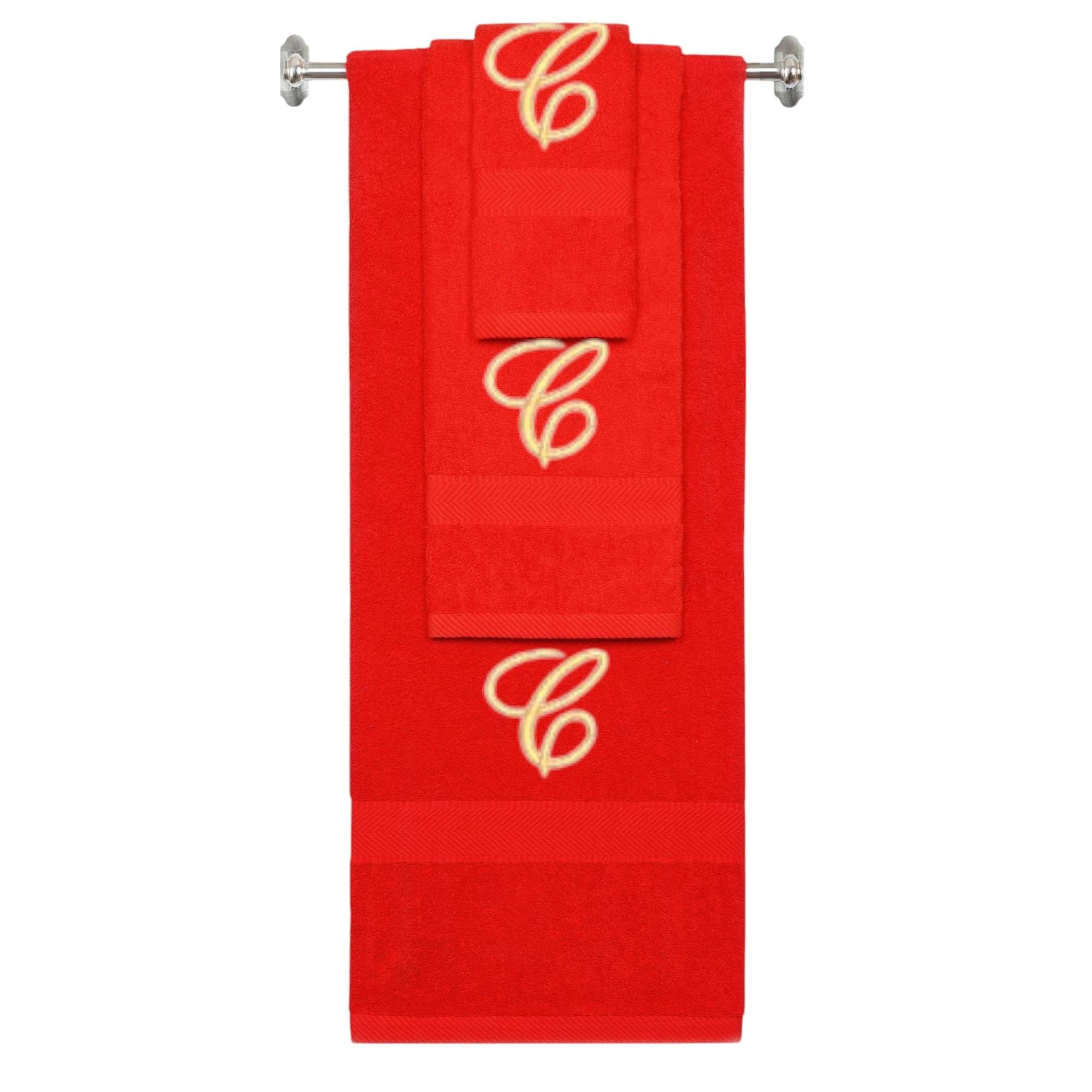 Red monogrammed towel set with Gold thread, Diana Script font, initial C - 540 GSM cotton 3-piece