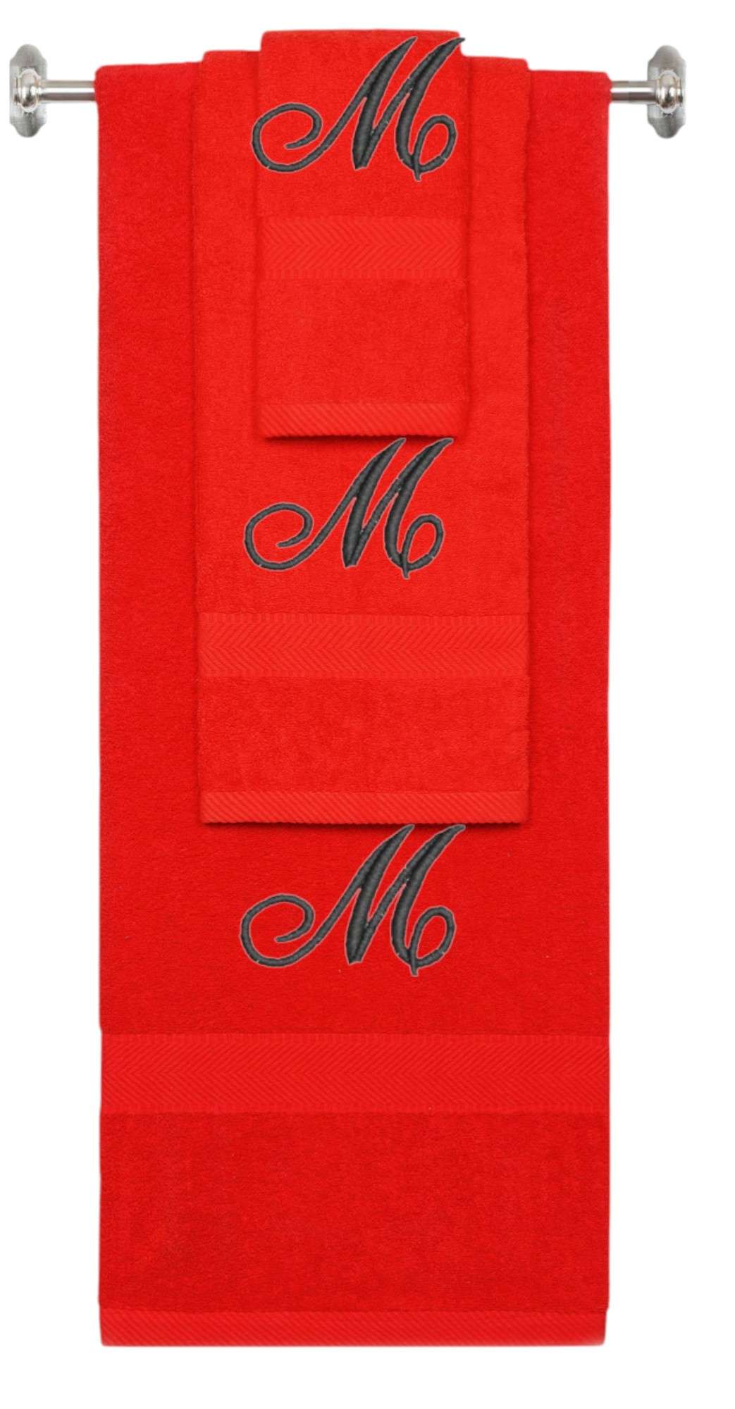 Red monogrammed towel set with Black thread, Diana Script font, initial M - 540 GSM cotton 3-piece