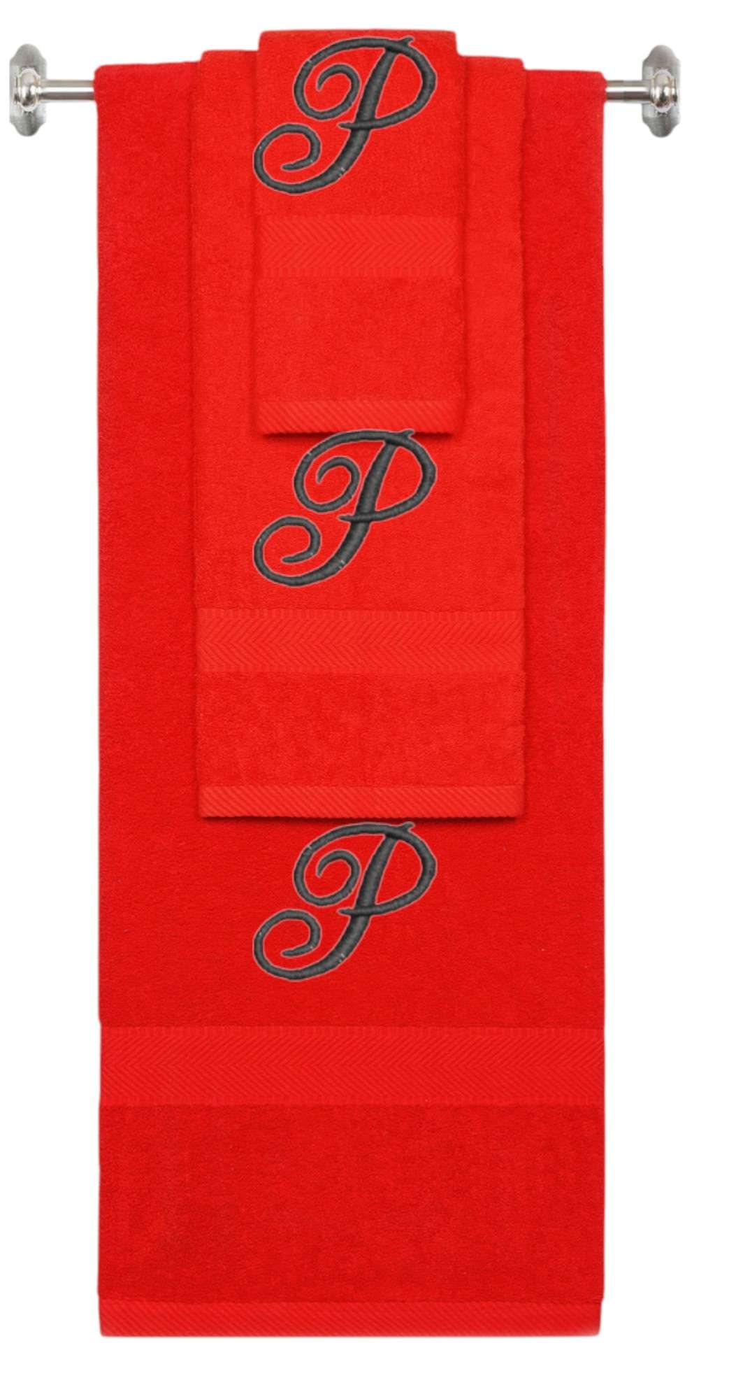 Red monogrammed towel set with Black thread, Diana Script font, initial P - 540 GSM cotton 3-piece