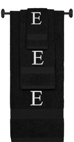 Black monogrammed towel set with Silver thread, Times New Roman font, initial E - 540 GSM cotton 3-piece