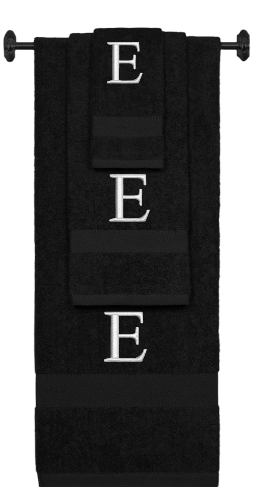 Black monogrammed towel set with Silver thread, Times New Roman font, initial E - 540 GSM cotton 3-piece