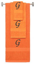 Orange monogrammed towel set with Black thread, Chancery font, initial G - 540 GSM cotton 3-piece