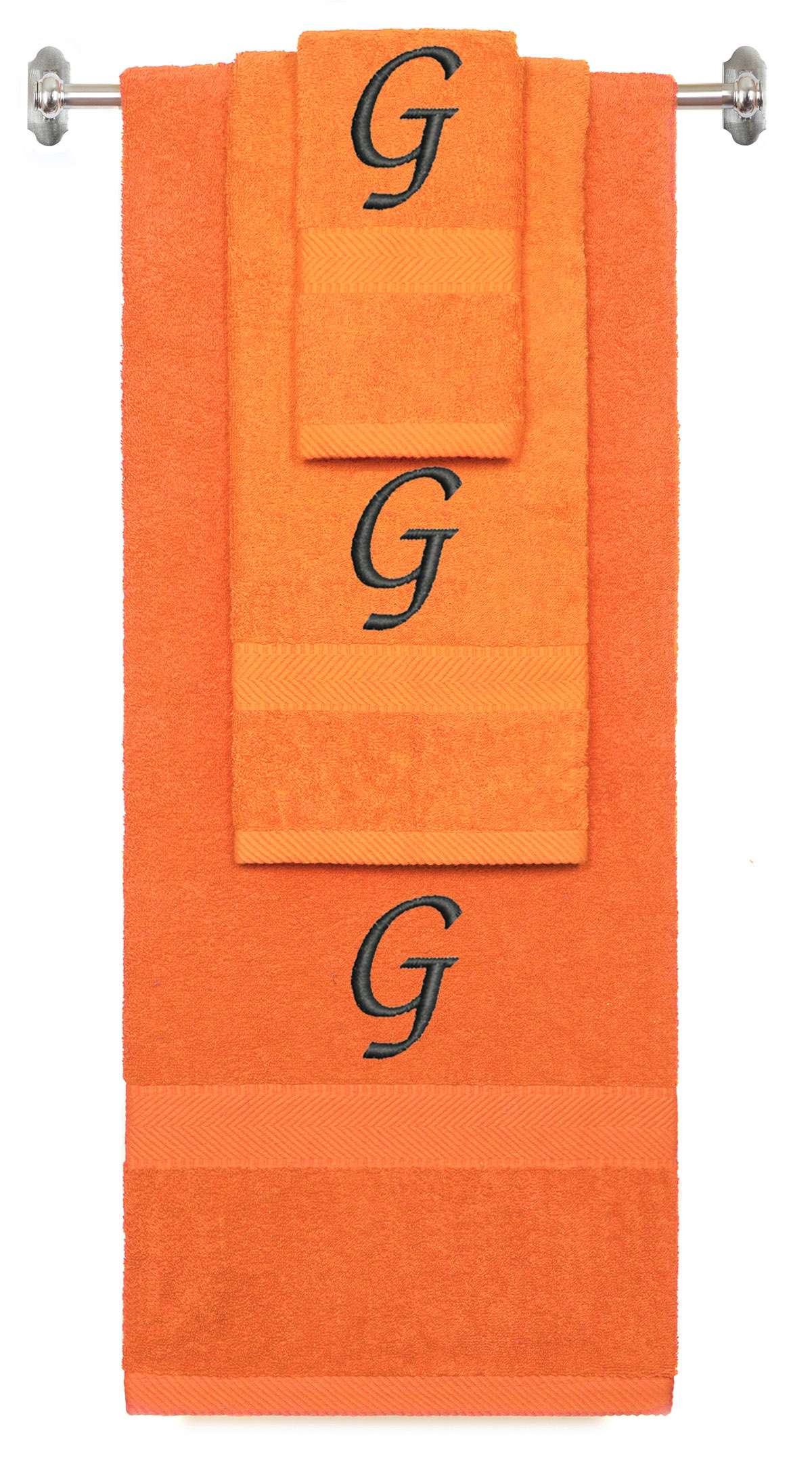 Orange monogrammed towel set with Black thread, Chancery font, initial G - 540 GSM cotton 3-piece