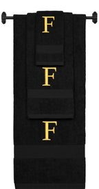 Black monogrammed towel set with Gold thread, Times New Roman font, initial F - 540 GSM cotton 3-piece