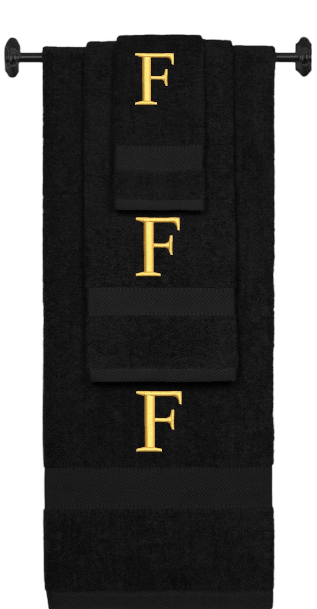 Black monogrammed towel set with Gold thread, Times New Roman font, initial F - 540 GSM cotton 3-piece