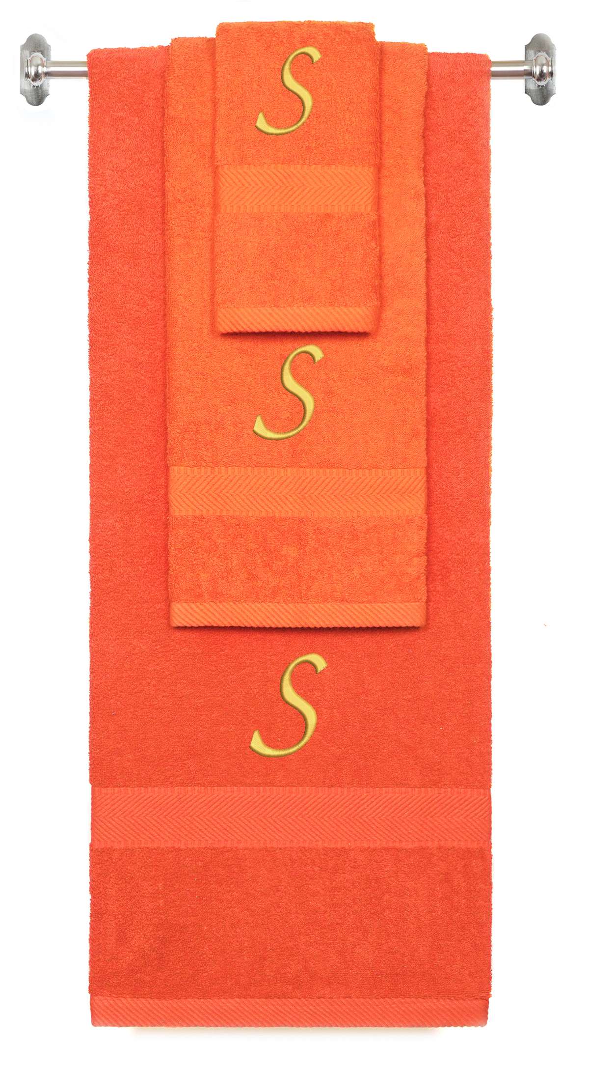 Orange monogrammed towel set with Gold thread, Chancery font, initial S - 540 GSM cotton 3-piece