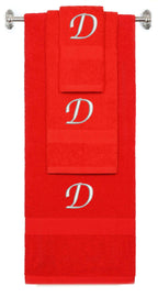 Red monogrammed towel set with Silver thread, Chancery font, initial D - 540 GSM cotton 3-piece