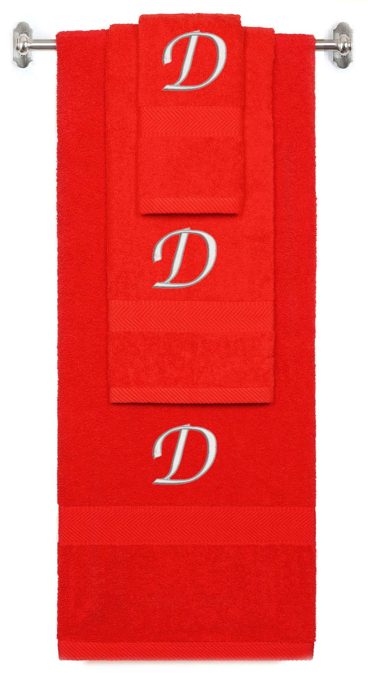 Red monogrammed towel set with Silver thread, Chancery font, initial D - 540 GSM cotton 3-piece