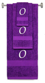Purple monogrammed towel set with White thread, Chancery font, initial O - 540 GSM cotton 3-piece