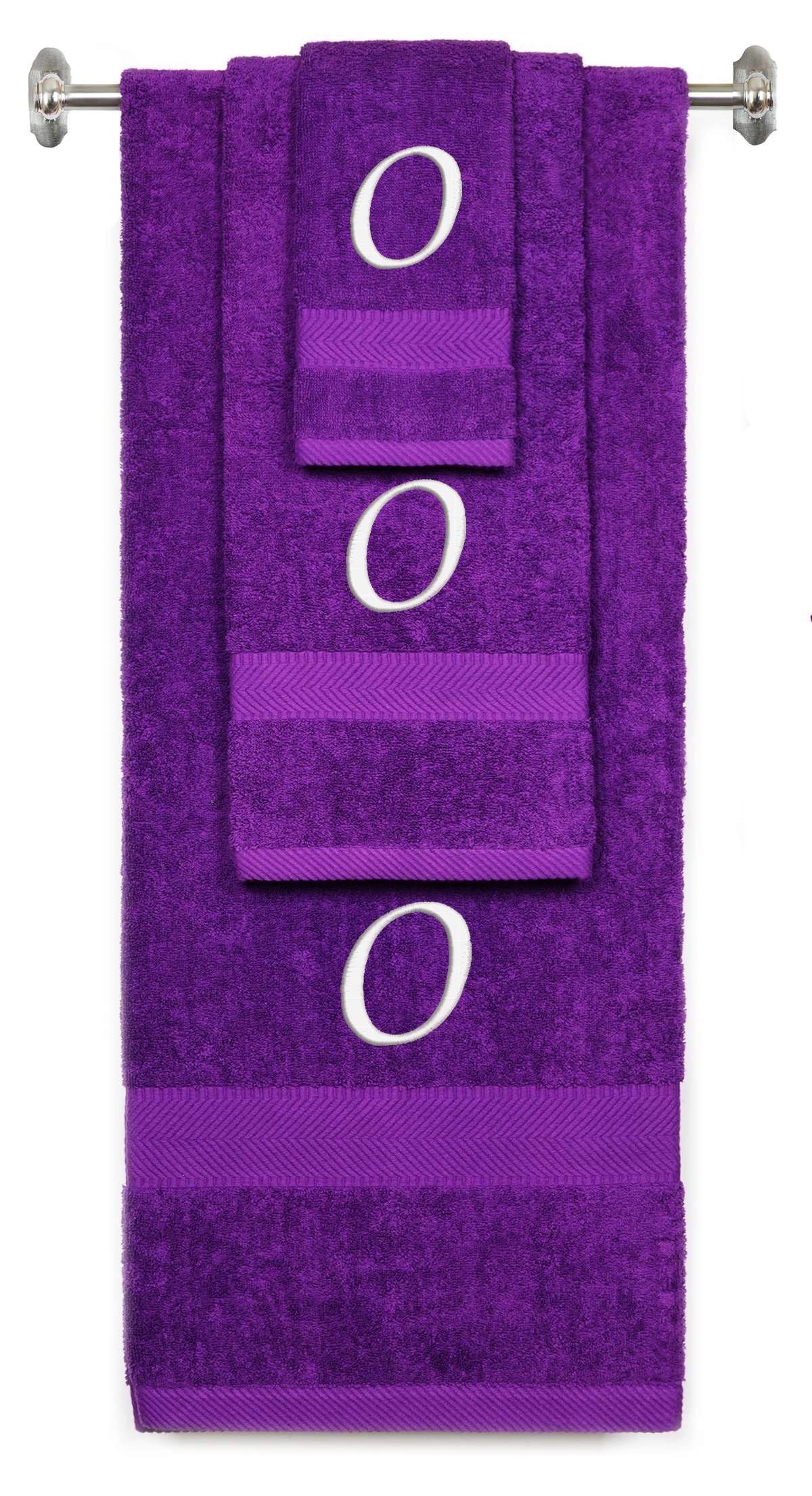 Purple monogrammed towel set with White thread, Chancery font, initial O - 540 GSM cotton 3-piece