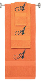 Orange monogrammed towel set with Black thread, Diana Script font, initial A - 540 GSM cotton 3-piece