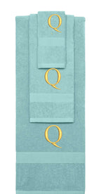 Nautical Teal monogrammed towel set with Gold thread, Times New Roman font, initial Q - 540 GSM cotton 3-piece