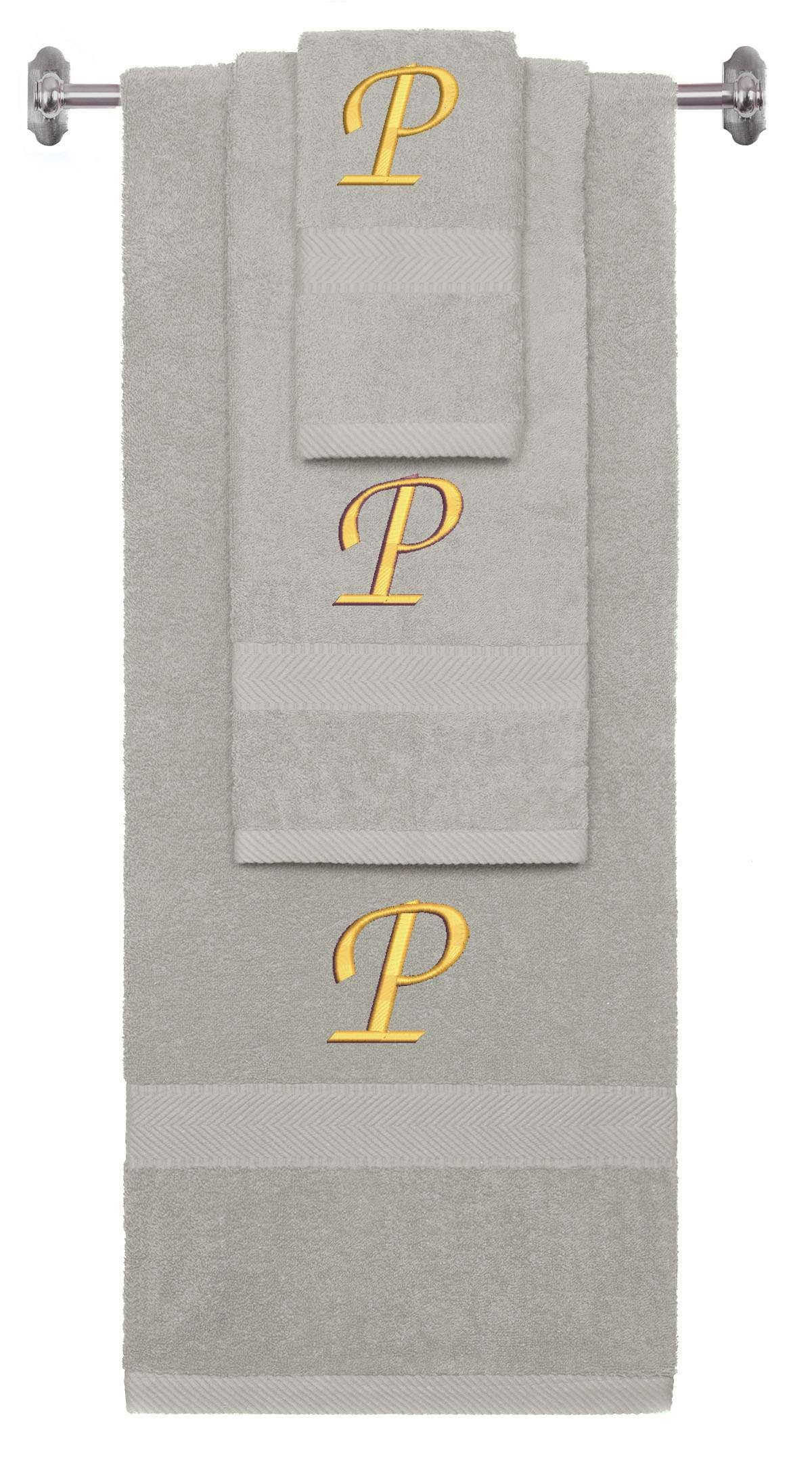 Silver monogrammed towel set with Gold thread, Chancery font, initial P - 540 GSM cotton 3-piece