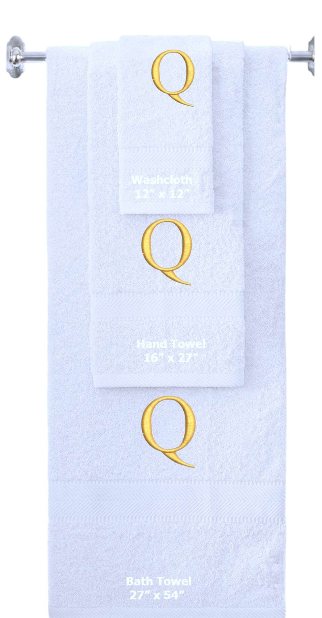 White monogrammed towel set with Gold thread, Times New Roman font, initial Q - 540 GSM cotton 3-piece