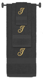 Charcoal monogrammed towel set with Gold thread, Diana Script font, initial I - 540 GSM cotton 3-piece