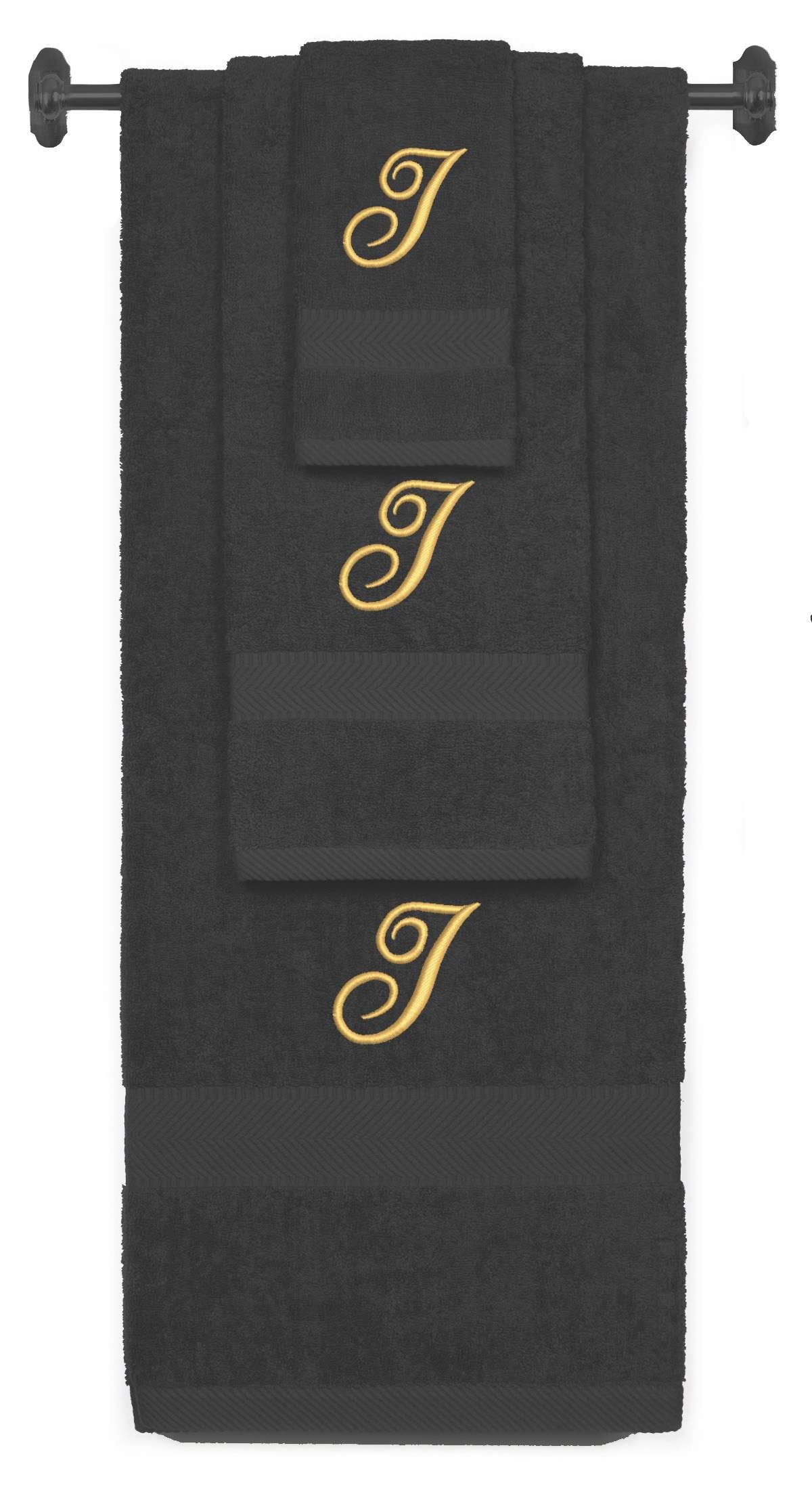 Charcoal monogrammed towel set with Gold thread, Diana Script font, initial I - 540 GSM cotton 3-piece