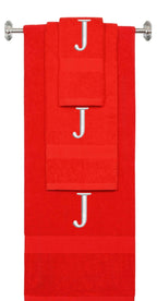 Red monogrammed towel set with Silver thread, Times New Roman font, initial J - 540 GSM cotton 3-piece
