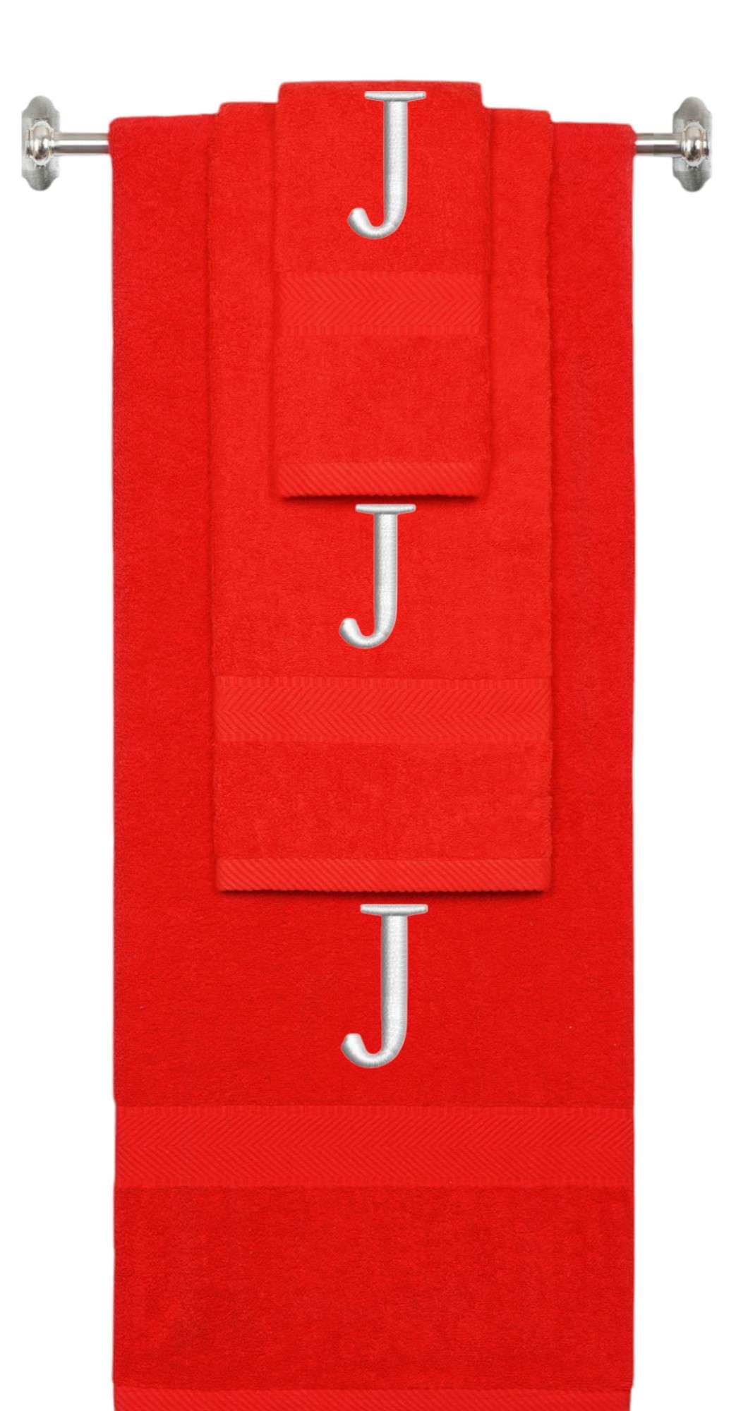 Red monogrammed towel set with Silver thread, Times New Roman font, initial J - 540 GSM cotton 3-piece