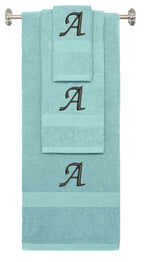 Nautical Teal monogrammed towel set with Black thread, Chancery font, initial A - 540 GSM cotton 3-piece