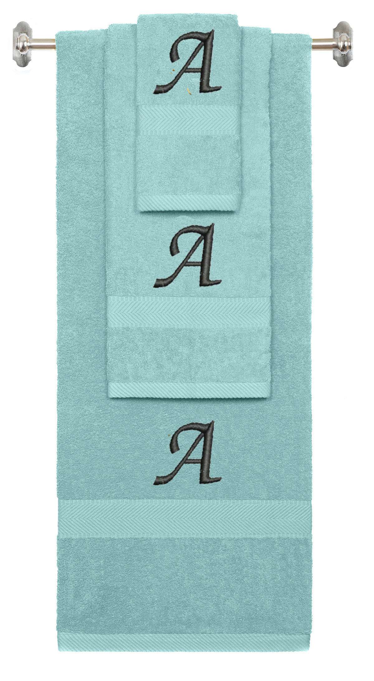 Nautical Teal monogrammed towel set with Black thread, Chancery font, initial A - 540 GSM cotton 3-piece