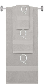Silver monogrammed towel set with Silver thread, Times New Roman font, initial Q - 540 GSM cotton 3-piece