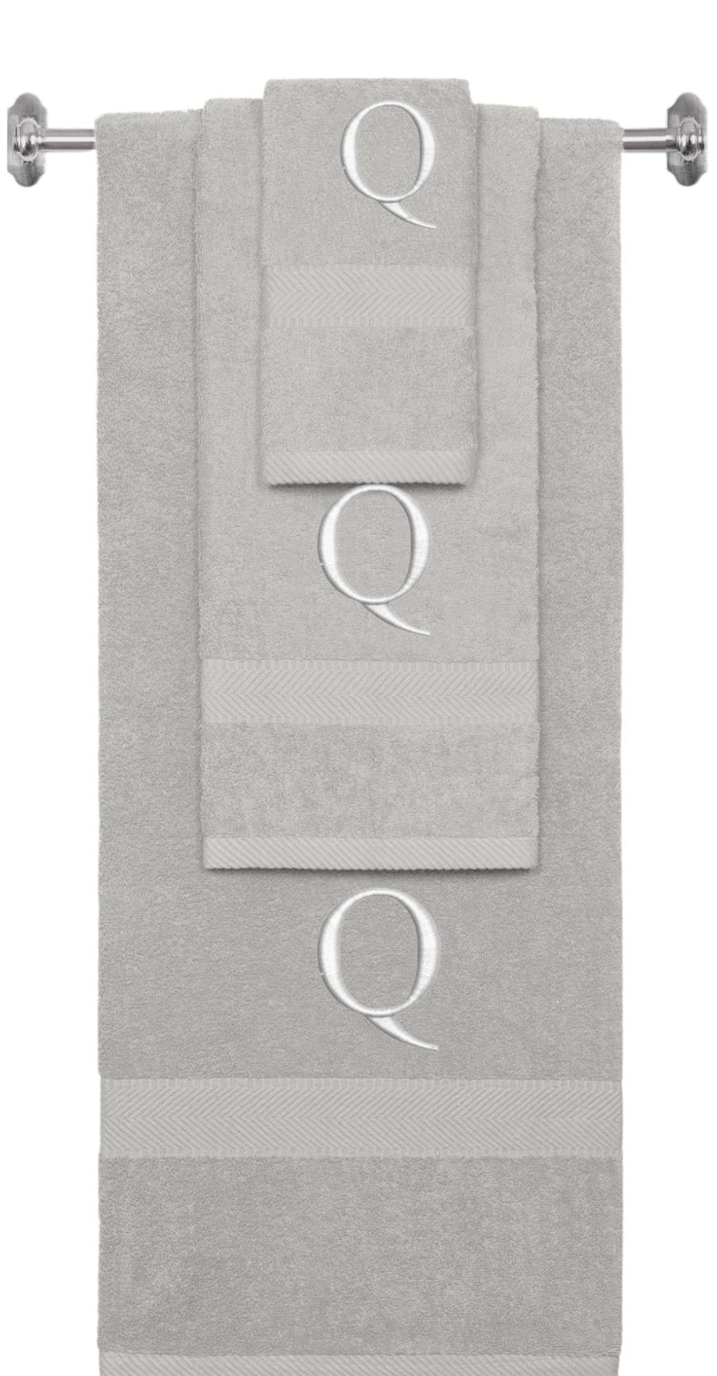 Silver monogrammed towel set with Silver thread, Times New Roman font, initial Q - 540 GSM cotton 3-piece