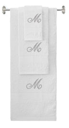 White monogrammed towel set with Silver thread, Diana Script font, initial M - 540 GSM cotton 3-piece
