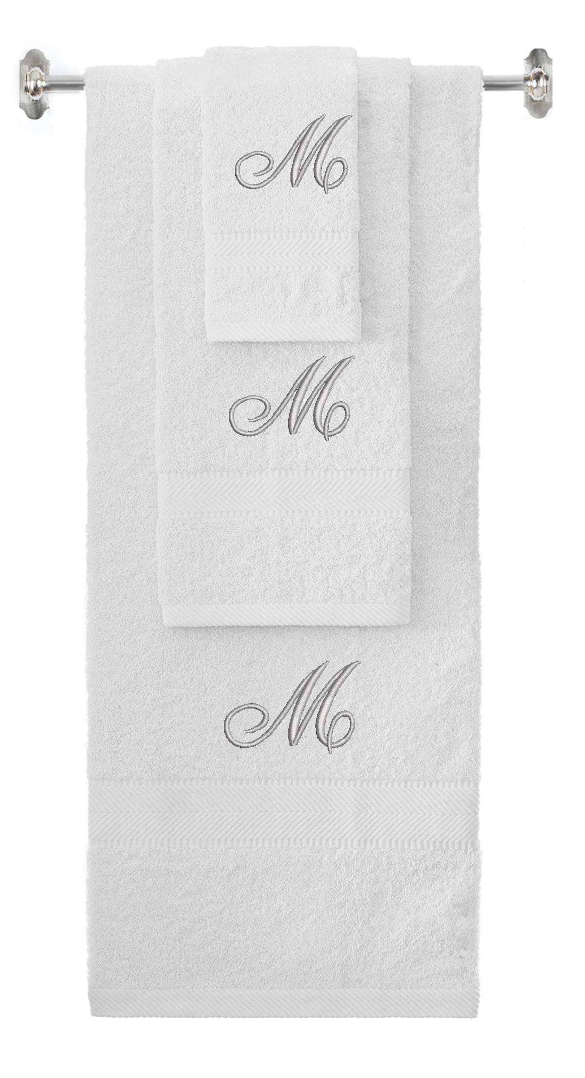White monogrammed towel set with Silver thread, Diana Script font, initial M - 540 GSM cotton 3-piece