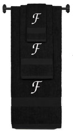 Black monogrammed towel set with White thread, Chancery font, initial F - 540 GSM cotton 3-piece
